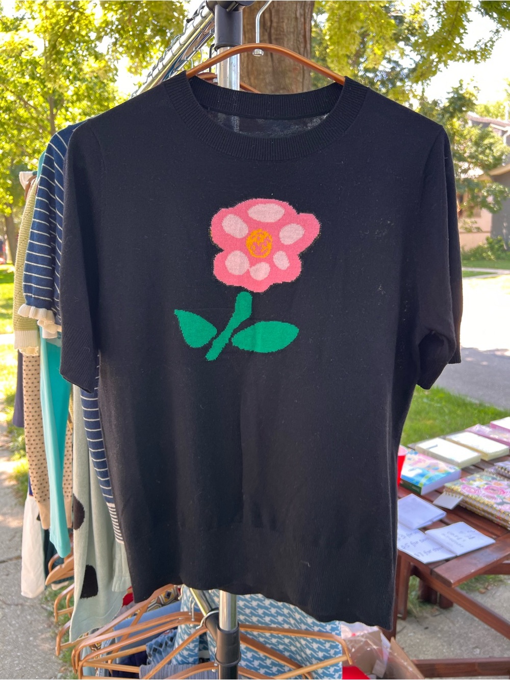 Black Kids Short-Sleeve Top with Pink Flower Graphic